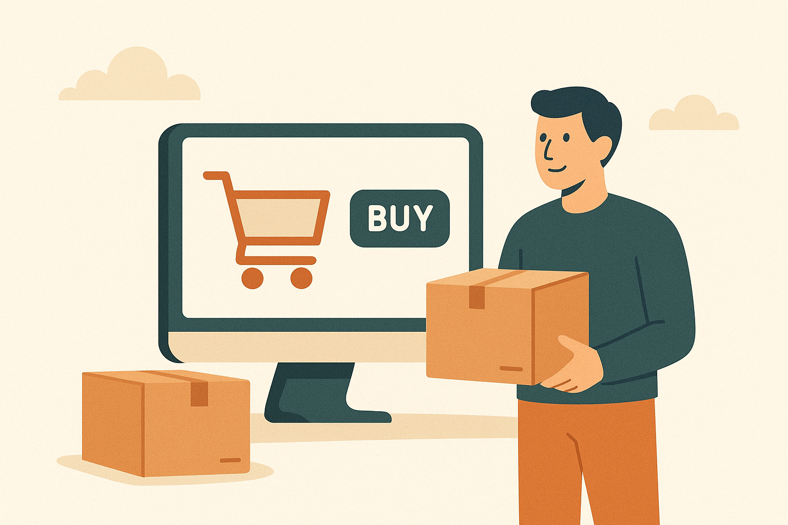 En man som håller i paket med dator i bakgrunden